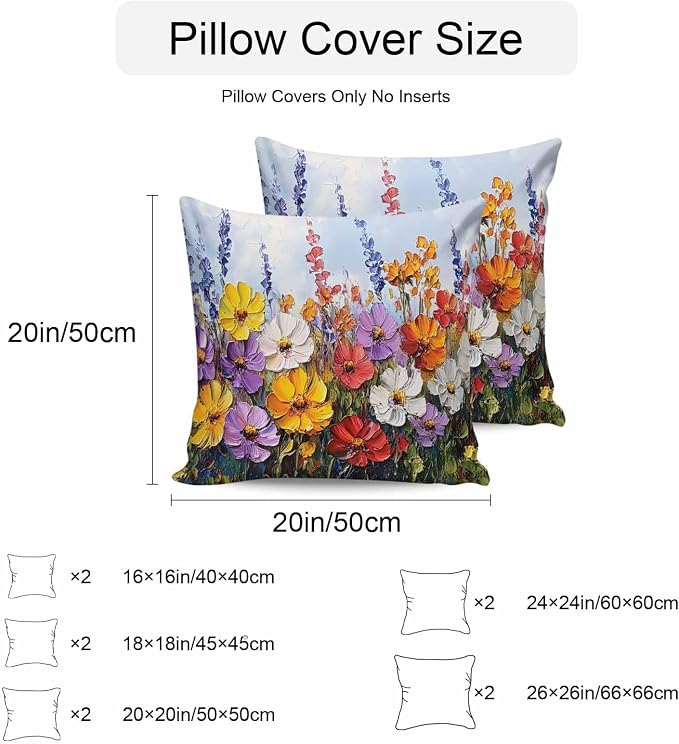 Vintage Wildflowers Waterproof Outdoor Pillow Covers Set of 2 Home Decor, Rustic Oil Painted Abstract Botanical Pillowcase Patio Pillow Covers for Couch Bench Furniture Garden 26x26in
