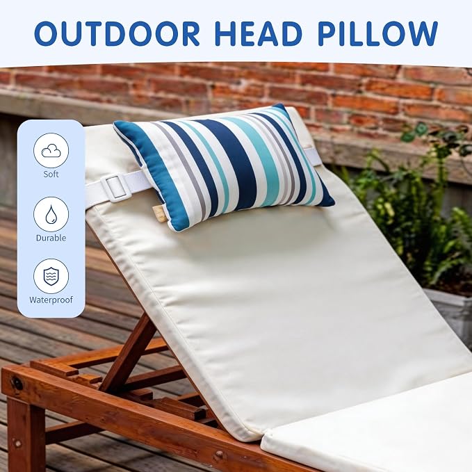 cygnus 2pcs Chaise Lounge Pillow with Strap Outdoor Waterproof Pool Chair Neck Headrest Pillows with Adjustable Elastic Band for Beach Patio Chair Recliner 16 x 11 Inches,Blue Striped