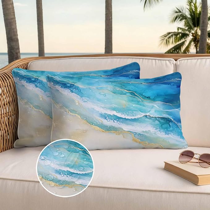 Abstract Waves Outdoor Waterproof Throw Pillow Covers Set of 2, 20"x12", Surrealism Spray Beach Ocean Watercolor Decorative Pillow Covers Outside Cushion Case for Patio Porch Garden