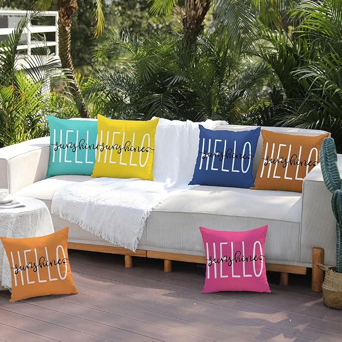 DFXSZ Rust Outdoor Waterproof Pillow Covers 18x18 Set of 2 | Hello Sunshine Decor Summer Fall Polyester Pillow Covers(NO INSERTS)| Decor for Patio Funiture Garden Sofa Couch