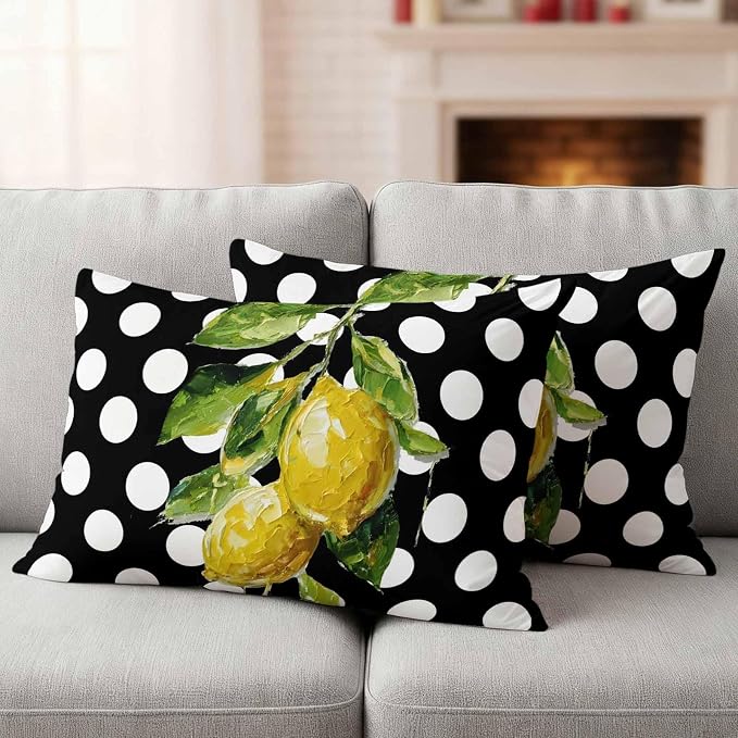 Waterproof Pillow Covers Set of 2,Farmhouse Yellow Lemon Green Leaf Outdoor Pillow Protectors with Zipper Pillowcases for Patio Tent Garden Beach 20x12 Inches Black White Polka Dot