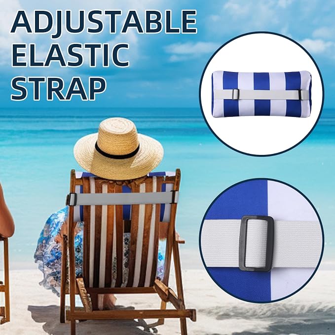 Outdoor Pillow for Chaise Lounge Chair, 2pcs Striped Chaise Lounge Pillows, Adjustable Strap Head Lumbar Pillow for Patio Pool Beach Office, Dark Blue