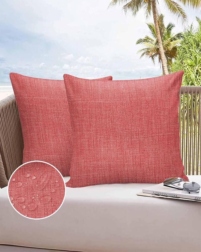 Vandarllin Outdoor Throw Pillows Covers 26x26 inch Set of 2 Waterproof Coral Red Linen Decorative Zippered Cushion Covers for Patio Furniture, Farmhouse Pure Color Lumbar Pillowcases