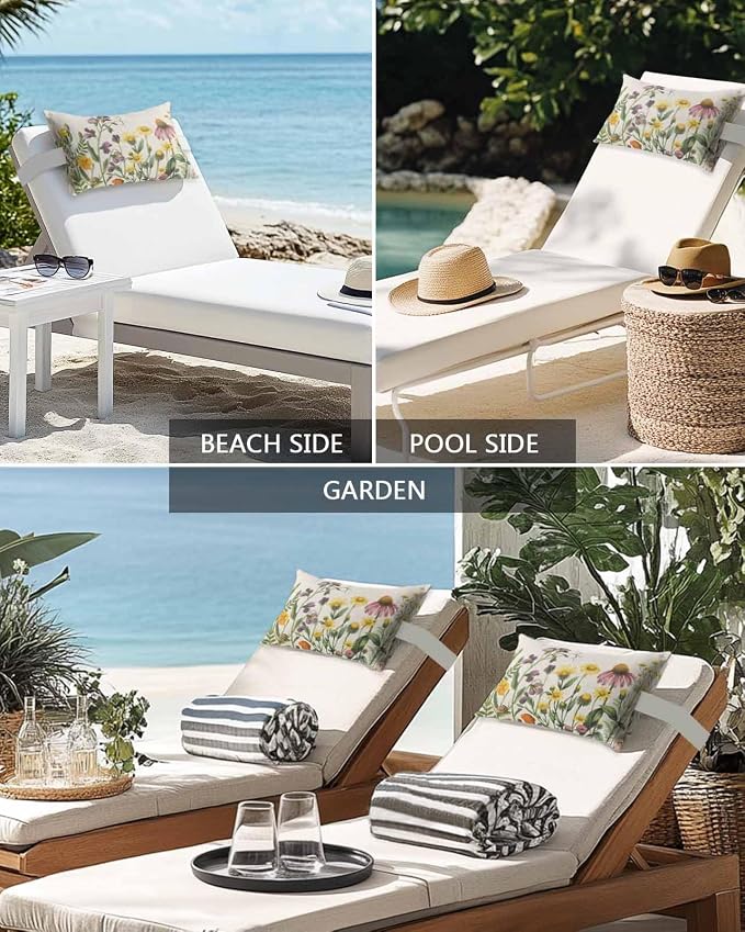 Spring Wildflowers Outdoor Pillows with Insert 12x20 Inch Summer Country Plants Leaf Flowers Linen Waterproof Headrest Pillows with Adjustable Strap Lounger Chair Throw for Patio Furnitures , 1 Pack
