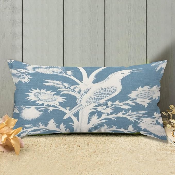 Zipped Pillow Cases for Home Decor Blue Turquoise and White Birds Plant Throw Pillow Cover Set of 2 Farmhouse Cushion Cover Cases for Living Room Club Home Decor 12x24in