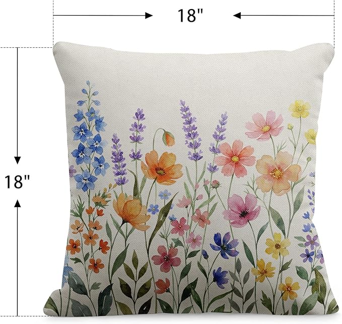 Waterproof Throw Pillow Covers, Flower, 18 x 18 Inch, Set of 2 | Wildflower outdoor farmhouse garden decorative pillowcase square cushion case for couch beach patio