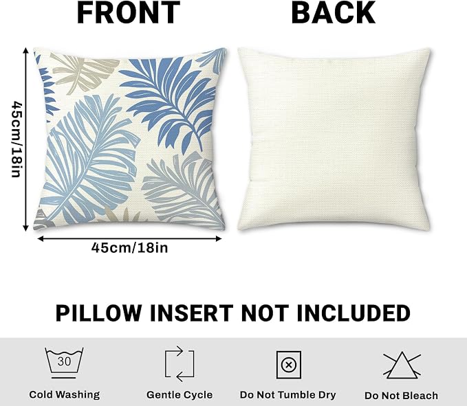 Bonhause Tropical Leaves Throw Pillow Covers 18 x 18 Inch Set of 4 Palm Leaf Floral Botanical Blue Decorative Pillow Cases Polyester Linen Outdoor Cushion Covers for Sofa Couch Garden Home Decor