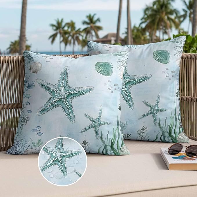 Coastal Starfish Waterproof Outdoor Pillow Covers Set of 2 Home Decor, Nautical Coral Tropical Fish Seashells Pillowcase Patio Pillow Covers for Couch Bench Furniture Garden 18x18in