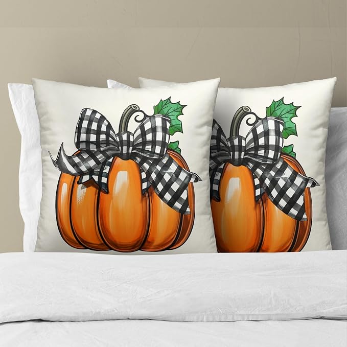 Fall Throw Pillow Covers 16x16 Inch, Set of 2 Orange Pumpkin Farmhouse Square Pillowcases Cotton Cushion Cover for Living Room Bedroom Couch Sofa Porch Cabin Seasonal Decor
