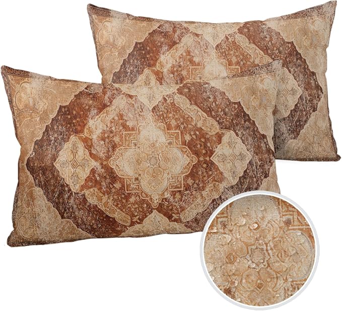 Prime Leader Outdoor Waterproof Pillow Covers Set of 2, Meddle Century Vintage Brown Mural Pattern Patio Throw Pillow Covers, Decorative Cushion Case for Couch Sofa Furniture Garden, 20x12 Inch