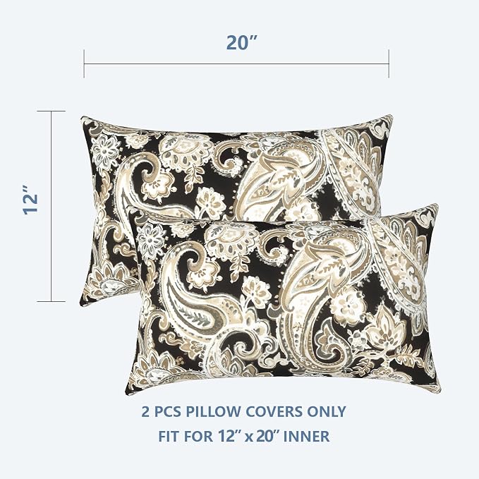 LVTXIII Outdoor Lumbar Pillow Covers Only Set of 2 Patio Decorative Pillow Cases, Water Repellent Lumbar Cushion Cases for Sofa, Patio Couch Garden Use, 12x20 Inch, Paisley Black