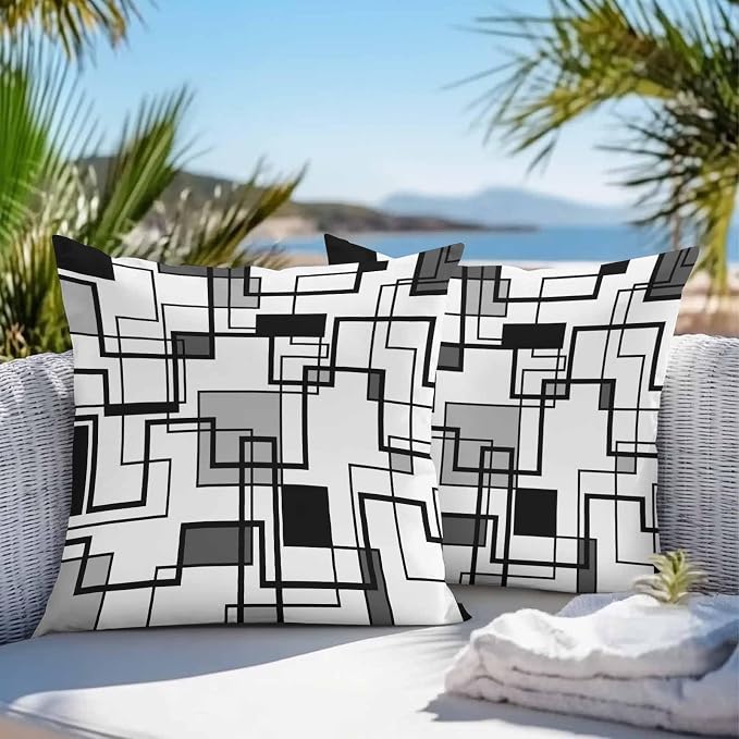 Vandarllin Outdoor Throw Pillows Covers 16x16 inch Set of 2 Waterproof Gray Geometric Stripes Decorative Zippered Cushion Covers for Patio Furniture, Modern Abstract Lines Lumbar Pillowcases