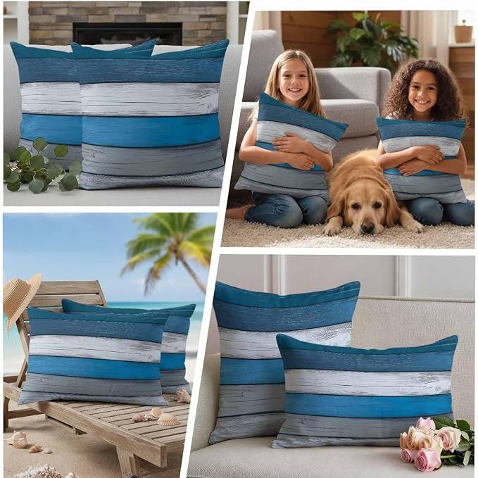 Coastal Style Outdoor Waterproof Throw Pillow Covers Set of 2, 24"x24", Retro Blue Grey Stripes Wood Texture Decorative Pillow Covers Outside Cushion Case for Patio Porch Garden