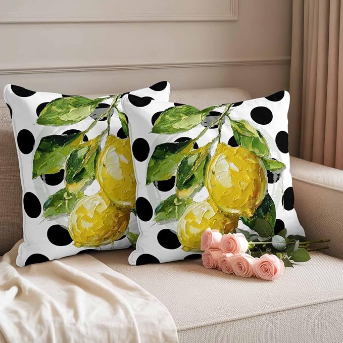 Waterproof Pillow Covers Set of 2,Summer Lemon Polka Dot Outdoor Pillow Protectors with Zipper Pillowcases for Patio Tent Garden Beach 20x20 Inches Country Fruit Oil Painting Style