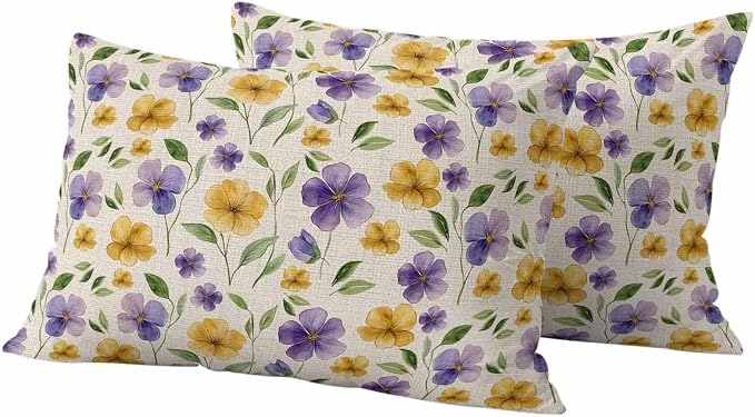 Purple Yellow Flower Outdoor Pillow Covers Set of 2 Spring Green Leaf Watercolor Floral Farm Waterproof Throw Pillow Cover Decorative Cushion Cases for Patio Porch Garden 20X12 Inch