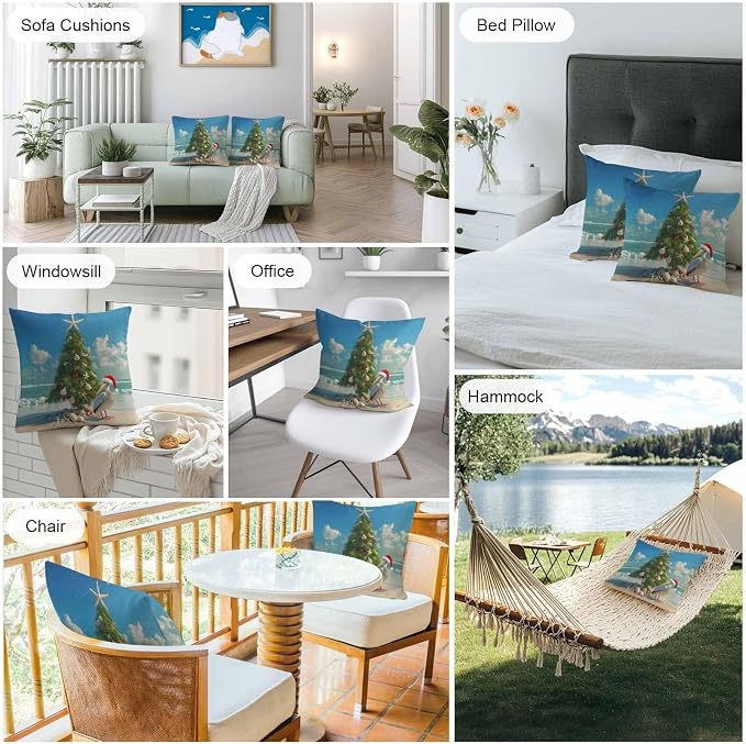 Christmas Outdoor Throw Pillows Covers 24x24 inch Set of 2 Waterproof Christmas Tree Decorative Zippered Cushion Covers for Patio Furniture, Pelican Starfish Shell Beach Wave Lumbar Pillowcases