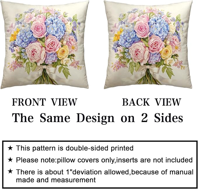 Spring Summer Floral Pillow Covers 22x22 Pink Rose Blue Hydrangea Throw Pillow Covers Exquisite Bouquet Pillow Case Flowers Cushion Case for Living Room Couch Sofa 2 Pack