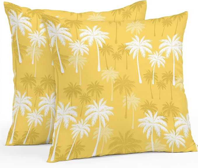 Throw Pillow Covers 26x26 Inch Set of 2, Tropical Palm Tree Waterproof Outdoor Pillow Covers, Yellow White Plants Coastal Leaf Beach Decorative Cushion Pillowcases for Couch, Sofa, Bed, Garden, Patio