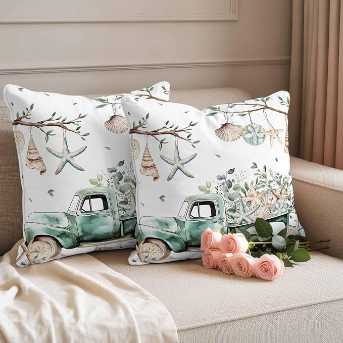 Sage Green Truck Outdoor Waterproof Throw Pillow Covers Set of 2, 20"x20", Ocean Starfish Shell Summer Leaf Decorative Pillow Covers Outside Cushion Case for Patio Porch Garden