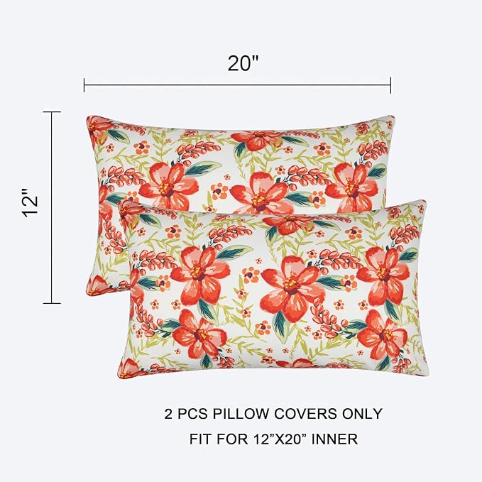 Pyonic Outdoor Pillows Cover Pack of 2 Floral Waterproof Throw Pillow Covers 12X20 inch Outdoor Lumbar Pillows for Patio Furniture Garden Outside Waterproof Throw Pillows