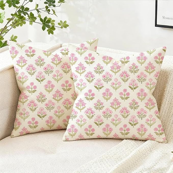 RABUSOFA Pink Vintage Floral Summer Pillow Covers Set of 2,Seasonal Flower Oudtdoor Decorative Throw Cuchion Cases Spring Summer Decorations for Home Patio Couch Decor 16x16 Inch