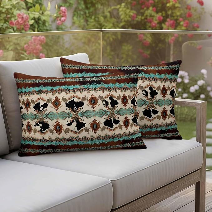 Boho Cowhide Outdoor Pillow Covers 20"x12" Set of 2, Western Aztec Tribal Green Brown Cow Texture Waterproof Throw Pillow Covers for Patio Furniture, Decorative Cushion Covers for Porch