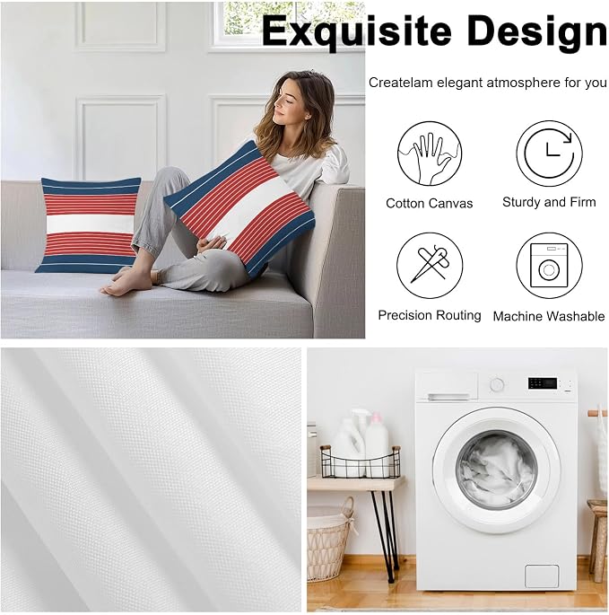Navy Blue Red Stripe Outdoor Pillow Covers Waterproof, All Weather Cushion Case Set of 2, Modern Art Horizontal Striped Decorative Pillowcases for Sofa Couch Bed Decor Patio Furniture 16"x16"