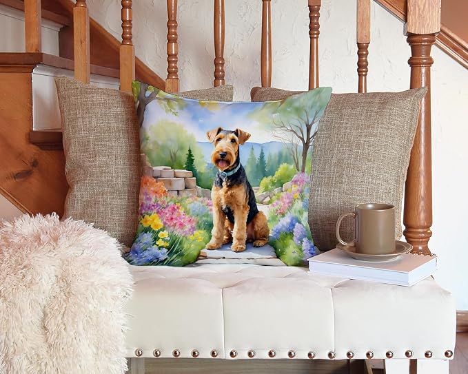 Caroline's Treasures Airedale Terrier Spring Garden Throw Pillow Machine Washable, Indoor Outdoor Decorative Pillow for Couch, Bed or Patio, 14Hx14W