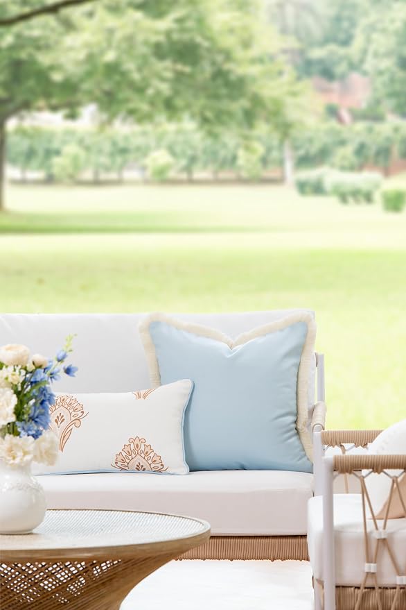 Hofdeco Premium Coastal Patio Indoor Outdoor Lumbar Pillow Cover Only, 12"x20" Water Repellent for Backyard, Couch, Baby Blue Tan Floral with Piping