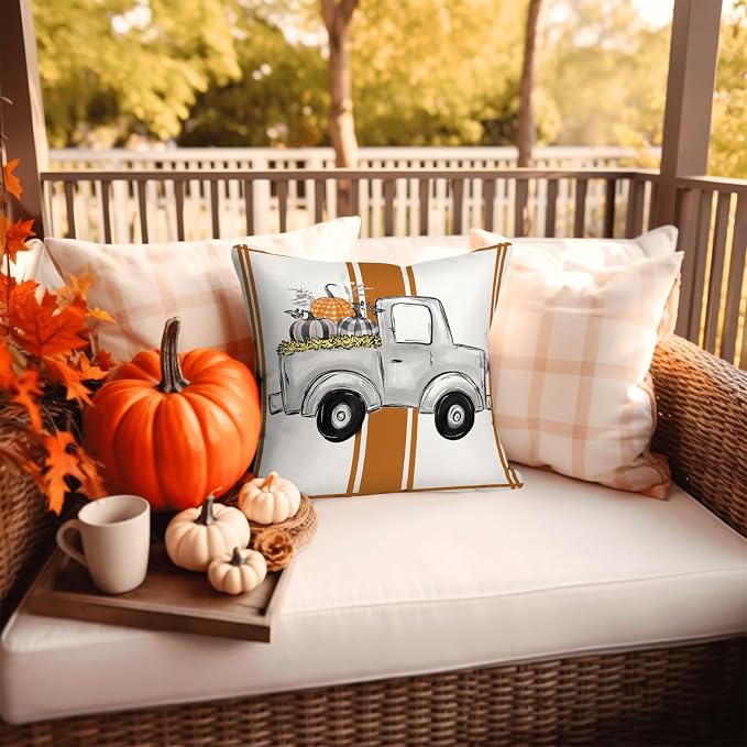 Orange Fall Outdoor Pillow Covers 18X18 Inch Set of 2 Waterproof Buffalo Plaid Pumpkins Truck Farmhouse Decorative Porch Cushion Cases Polyester Thanksgiving Decor for Patio Furniture