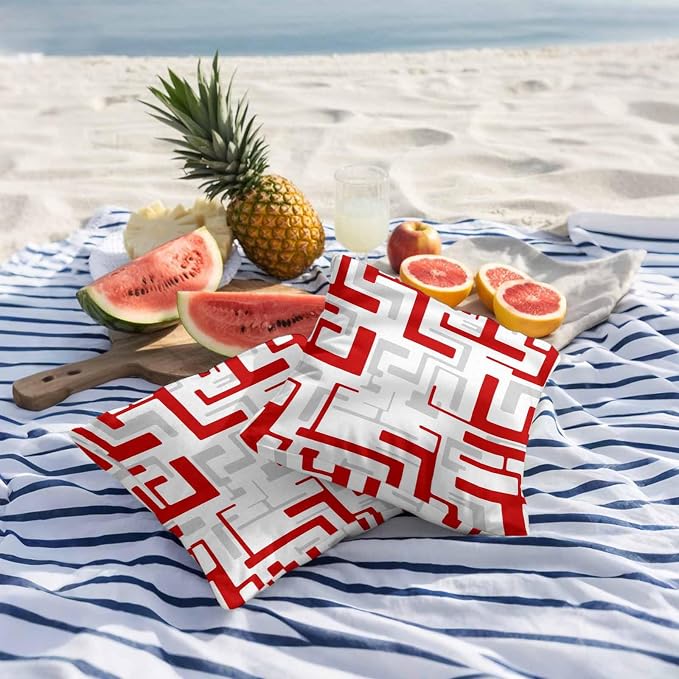 Vandarllin Outdoor Throw Pillows Covers 24x24 inch Set of 2 Waterproof Red Geometric Stripes Decorative Zippered Cushion Covers for Patio Furniture, Modern Abstract Lines Lumbar Pillowcases
