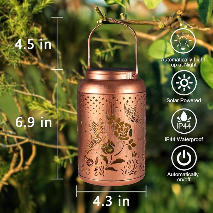 Rose Butterfly Decoration Solar Lanterns Outdoor Waterproof Garden Decor Gifts for Women Mon Grandma Metal Hanging Solar Lights for Outside LED Lanterns for Yard, Patio | Metal Hanging Solar Lights Birthday Gifts for Grandma Mom Solar Decoration Outsid...
