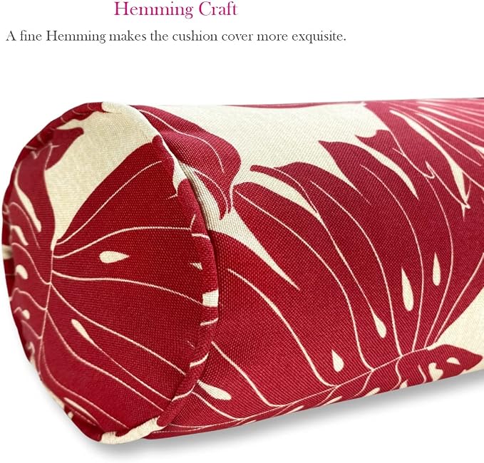Pack of 2 Outdoor Waterproof Decorative Bolster Pillows with Inserts for Patio Furniture, 20x6 Inch Fade Resistant Patio Garden Bolster Cushions for Couch Bed Sofa, Leaves Red