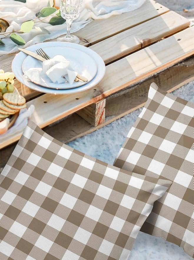 Outdoor Waterproof Throw Pillow Covers Set of 2 Light Brown Buffalo Check Plaid Pillowcases 16x16 Inches Farmhouse Style Patio Decorative Pillows Cushion Case Patio Pillows for Couch Bed Chair Garden