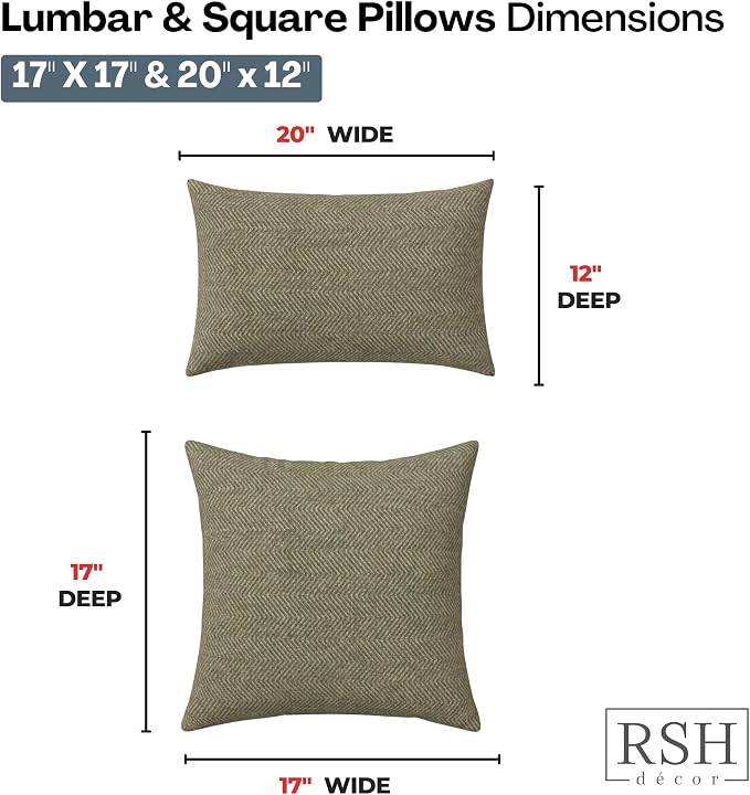 RSH DECOR: Sunbrella Lumbar & Square Pillows Set of 4 | 20" x 12" & 17" x 17" | Water and Fade-Resistant Performance Fabric | Outdoor Throw Pillows for Patio Furniture | Made in USA (Spirit Fern)