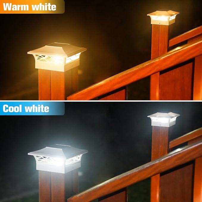 VOLISUN Solar Post Cap Lights: 2 - Pack Outdoor Deck Post Cap Lights White for Dock Fence Waterproof 2 Color Modes,4x4/6x6 Wooden/Vinyl Posts