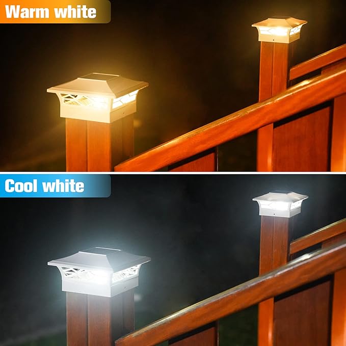 VOLISUN Solar Post Cap Lights: 6 - Pack Outdoor Deck Post Cap Lights White for Dock Fence Waterproof 2 Color Modes,4x4/6x6 Wooden/Vinyl Posts