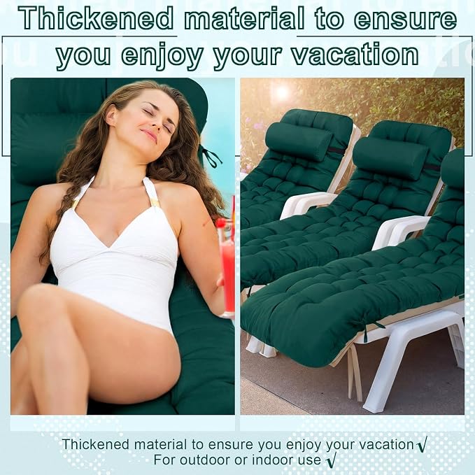 Tudomro Outdoor Chaise Lounge Cushion 66x21x4'' Waterproof & Fade-Resistant Patio Pool Chaise Lounge Cushion Headrest Pillow Tie Replacement Rocking High Back Chair(Hunter Green,1 Pcs)