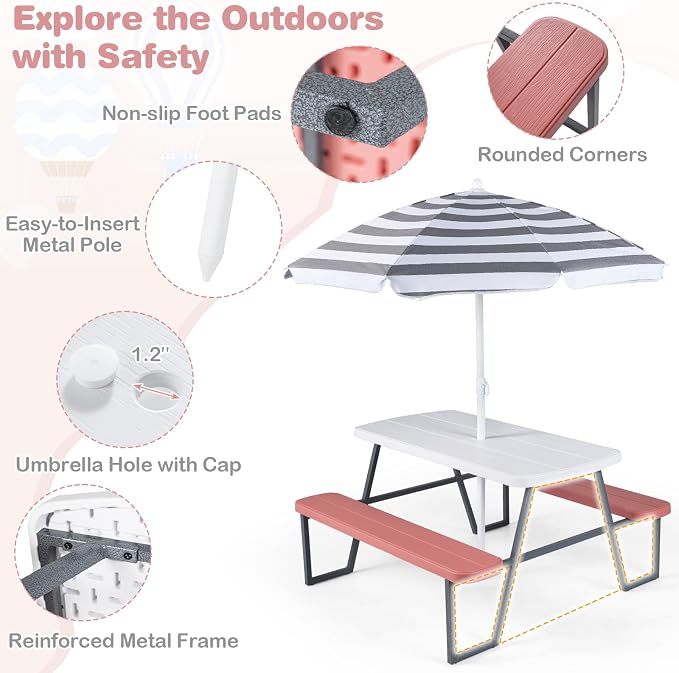 Costzon Kids Picnic Table, Toddler Outdoor Table & Bench Set with Removable Umbrella, HDPE Tabletop, Metal Frame, Kids Outdoor Furniture for Patio Backyard Garden, Fits 4 Children Age 3+ (Pink)
