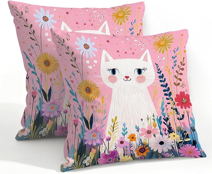 22x22 Inch Outdoor Pillow Covers Set of 2 Waterproof Throw Pillow Covers Decorative Couch Cushion Covers Pink Cat Garden Flowers Square Pillowcases Protectors for Patio Garden Sofa
