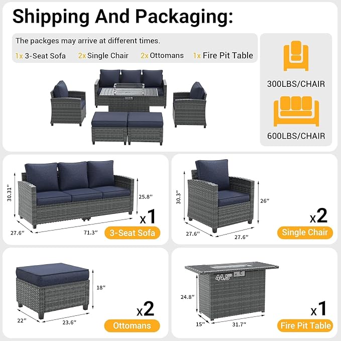 6 Pcs Patio Furniture Set with 44" Propane Gas Fire Pit Table, Rattan Outdoor Couch with Ottomans, 4" Thick Cushions for Backyard Garden Deck,Navy Blue