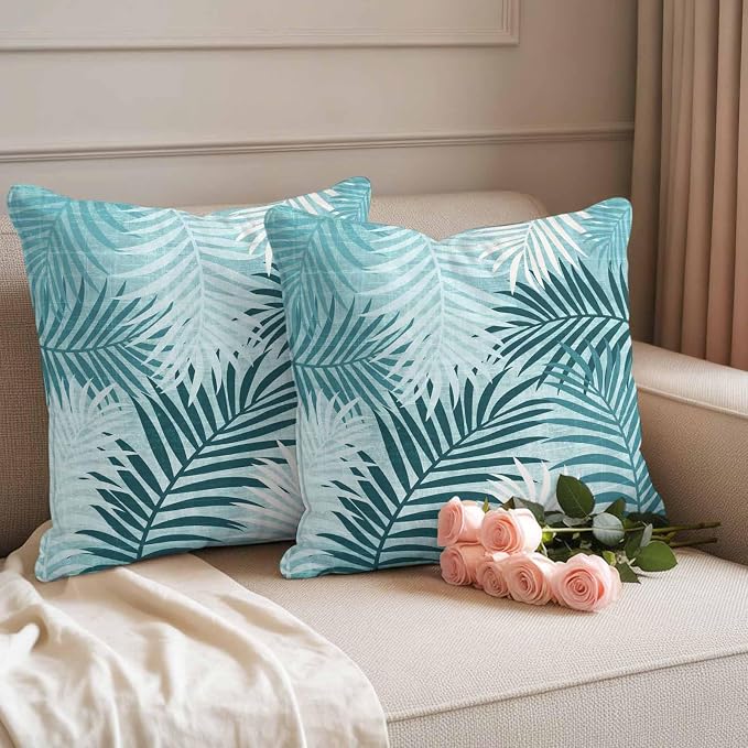 Outdoor Waterproof Throw Pillow Covers, Teal Palm Leaves Decorative Pillow Cases, Summer Botanical Tropical Leaf Couch Pillow Protector Patio Sofa Cushion Covers Replacement 16"x16" 2 Pack