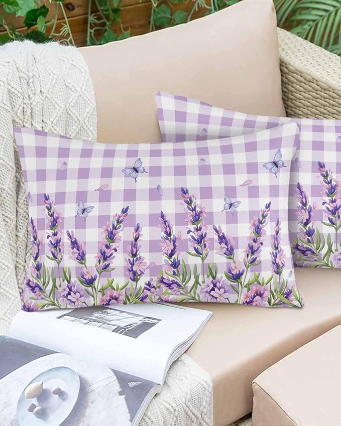 Vandarllin Outdoor Throw Pillows Covers 20x12 inch Set of 2 Waterproof Purple Lavender Flower Decorative Zippered Cushion Covers for Patio Furniture, Butterfly Buffalo Plaid Lumbar Pillowcases