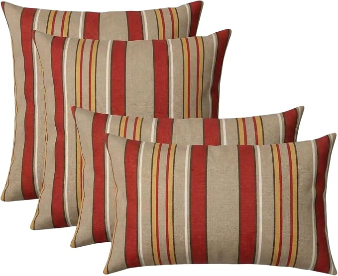 RSH DECOR: Outdura Lumbar & Square Pillows Set of 4 | 20" x 12" & 17" x 17" | Water and Fade-Resistant Fabric | Outdoor Throw Pillows for Patio Furniture | Made in USA (Soulmate Crimson)