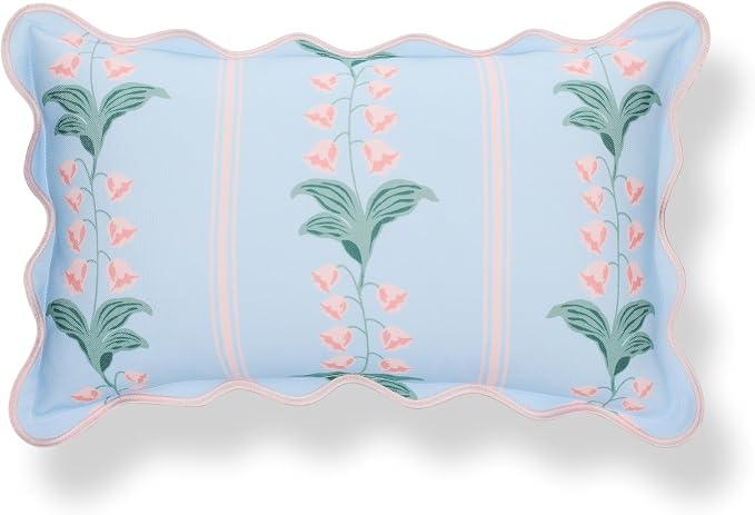 Hofdeco Premium Grandmillennial Patio Indoor Outdoor Lumbar Pillow Cover Only, 12"x20" Water Repellent for Backyard, Couch, Poolside, Baby Blue Pink Print Watercolor Striped Lily of the Valley