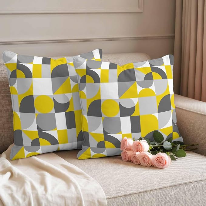 Mid Century Outdoor Waterproof Throw Pillow Covers Set of 2, 26"x26", Yellow Grey Abstract Retro Geometric Modern Decorative Pillow Covers Outside Cushion Case for Patio Porch Garden