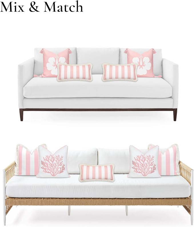 Hofdeco Premium Coastal Patio Indoor Outdoor Long Lumbar Pillow Cover Only, 12"x26" Water Repellent for Backyard, Couch, Blush Pink Stripes with Fringe