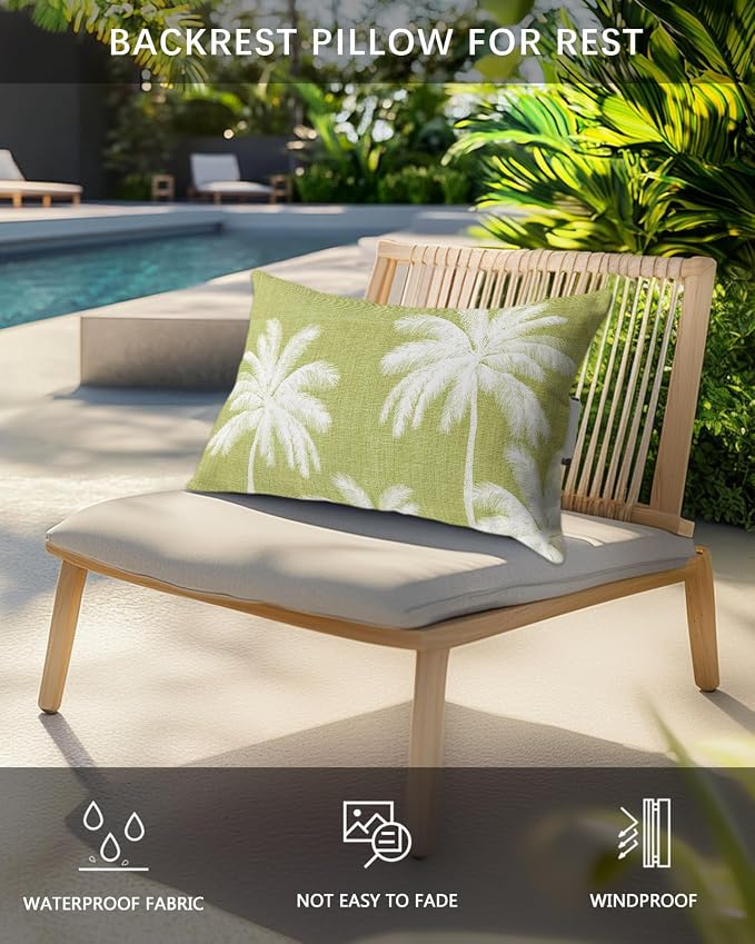 Pack of 2 Outdoor Lumbar Pillow Covers 11x16 Inch, Yellow Palm Trees Waterproof Throw Pillow Covers Set, Farmhouse Tropical Summer Beach Indoor&Outdoor Decorative Cushion Cases for Patio Porch Car