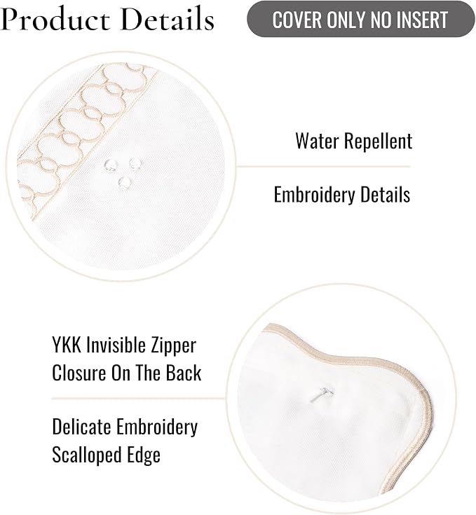 Hofdeco Premium Coastal Hampton Scalloped Patio Indoor Outdoor Throw Pillow Cover Only, 20"x20" Water Repellent for Backyard, Couch, Poolside, Neutral Tan Embroidered Begonia Pattern Chain Frame