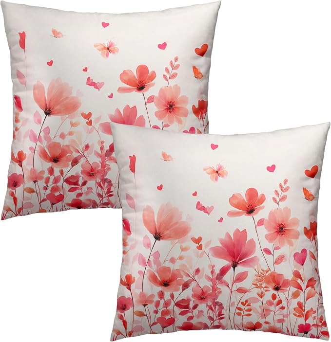 Floral Throw Pillow Covers 20x20 Inch – Pack of 2 Pink Flowers Leaves and Butterfly Pattern Spring Cotton Pillowcases for Couch Sofa Chair Bed Porch Wedding Party Home Decor